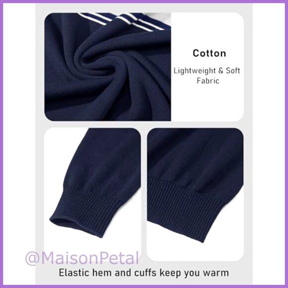 Men's 1/4 Zip Cotton Sweater Pullover Striped Long Sleeve - Picture 6 of 7